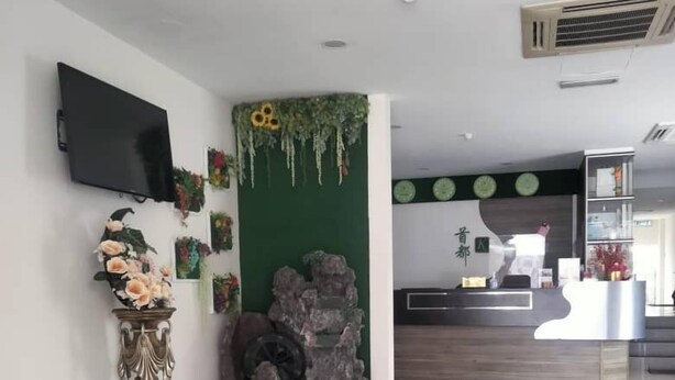 Un hall d’hôtel comprenant un comptoir d’accueil, un téléviseur fixé au mur, des plantes décoratives et un sol carrelé.