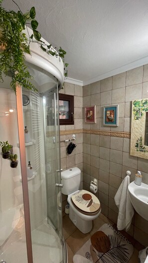 Hair dryer, towels, soap, shampoo