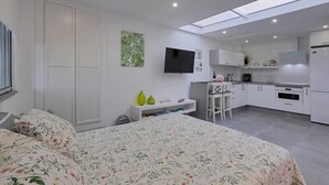 Une chambre avec un lit, une télévision, un bureau et un coin cuisine.