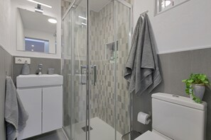Shower, hair dryer, towels