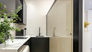 A modern kitchen with a black dishwasher, a sink, and a microwave. There is a potted plant on the counter. - Luxurious studio in the heart of Madrid - ST 3 (Madrid)