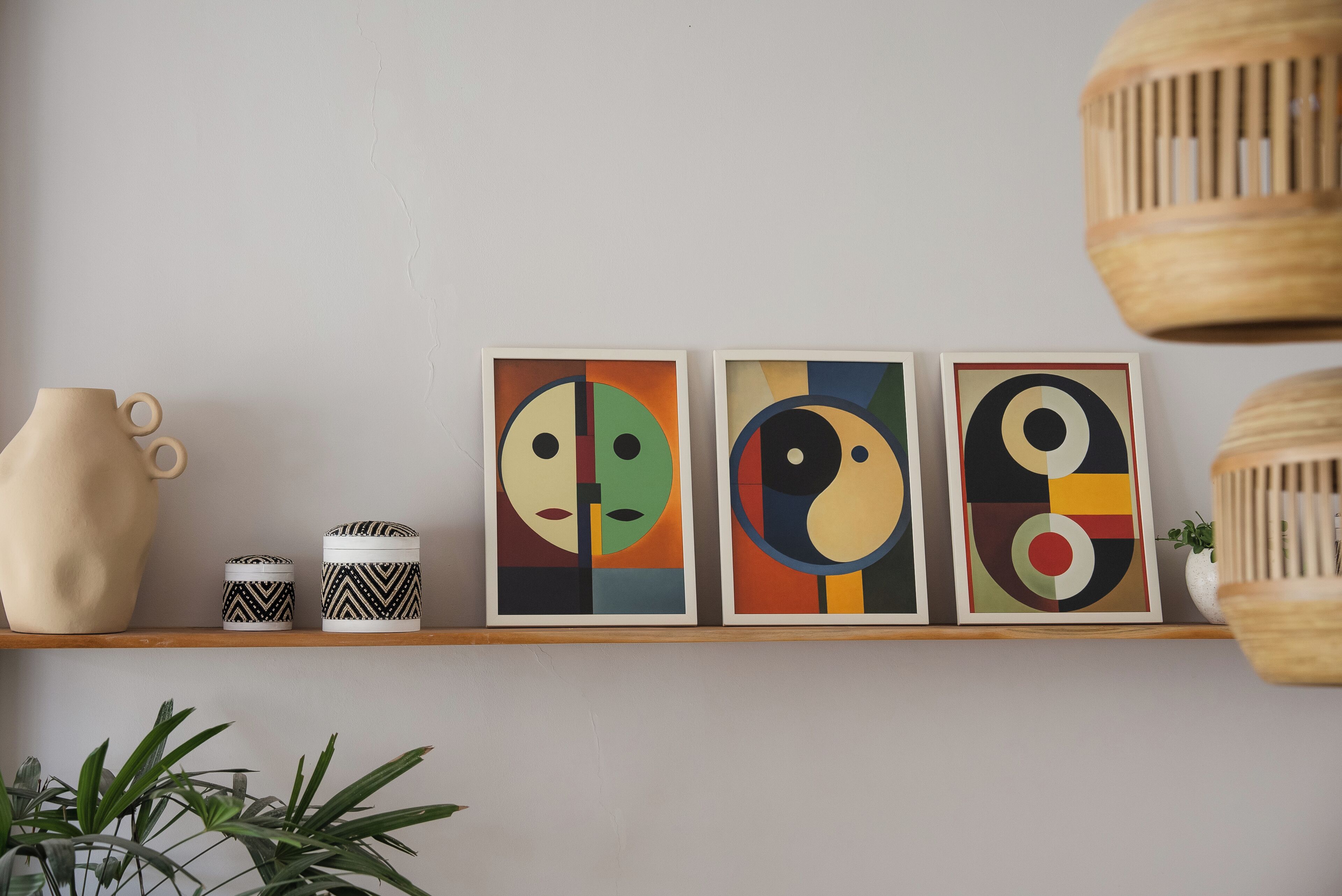 Una estantería con tres cuadros enmarcados, un florero y dos recipientes decorativos.