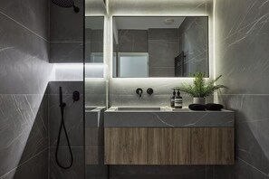 Une salle de bain moderne avec une douche à parois de verre, un meuble-lavabo en bois et une plante en pot.