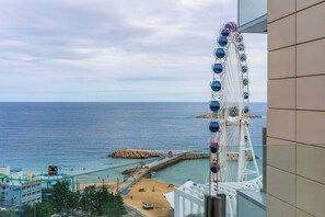 Uma roda gigante com vista para o mar e uma praia.