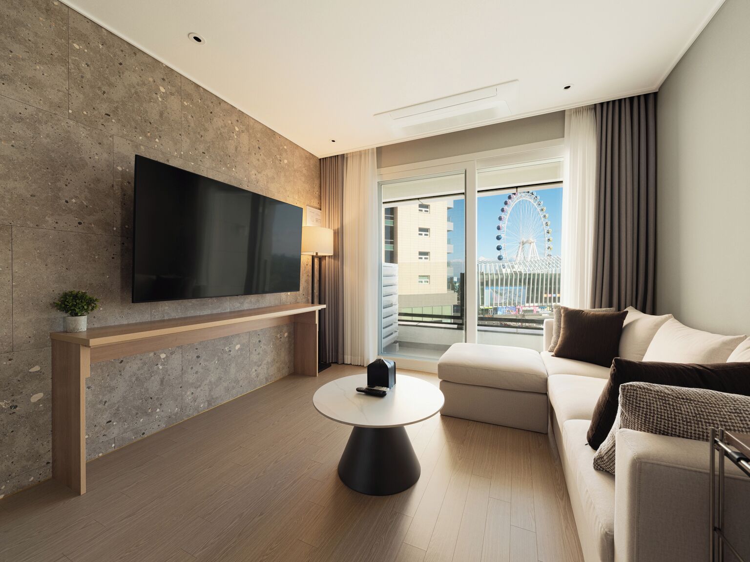 Premium bedding, desk, laptop workspace, blackout curtains