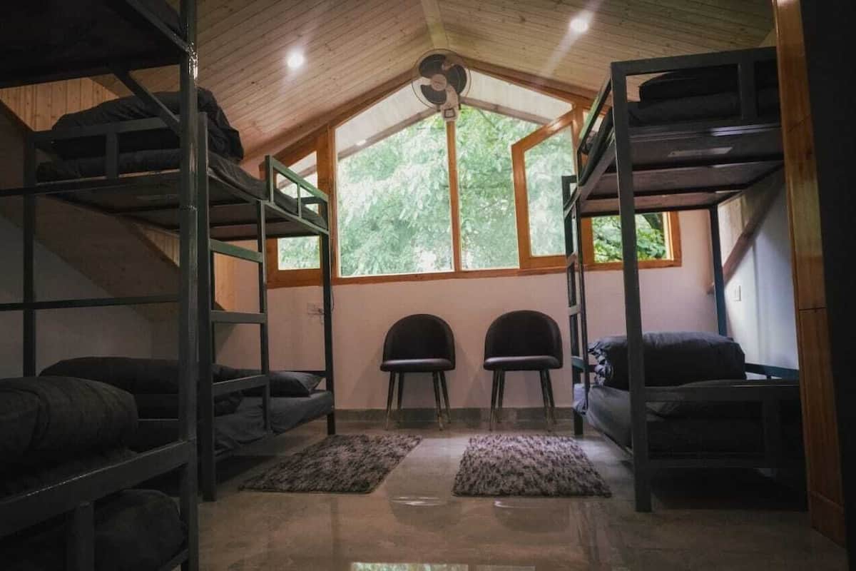 A dormitory room with bunk beds, a fan, two chairs, and a window with a view of trees.