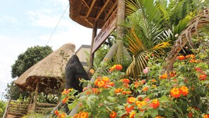 A rustic thatched-roof structure surrounded by vibrant flowers and greenery.