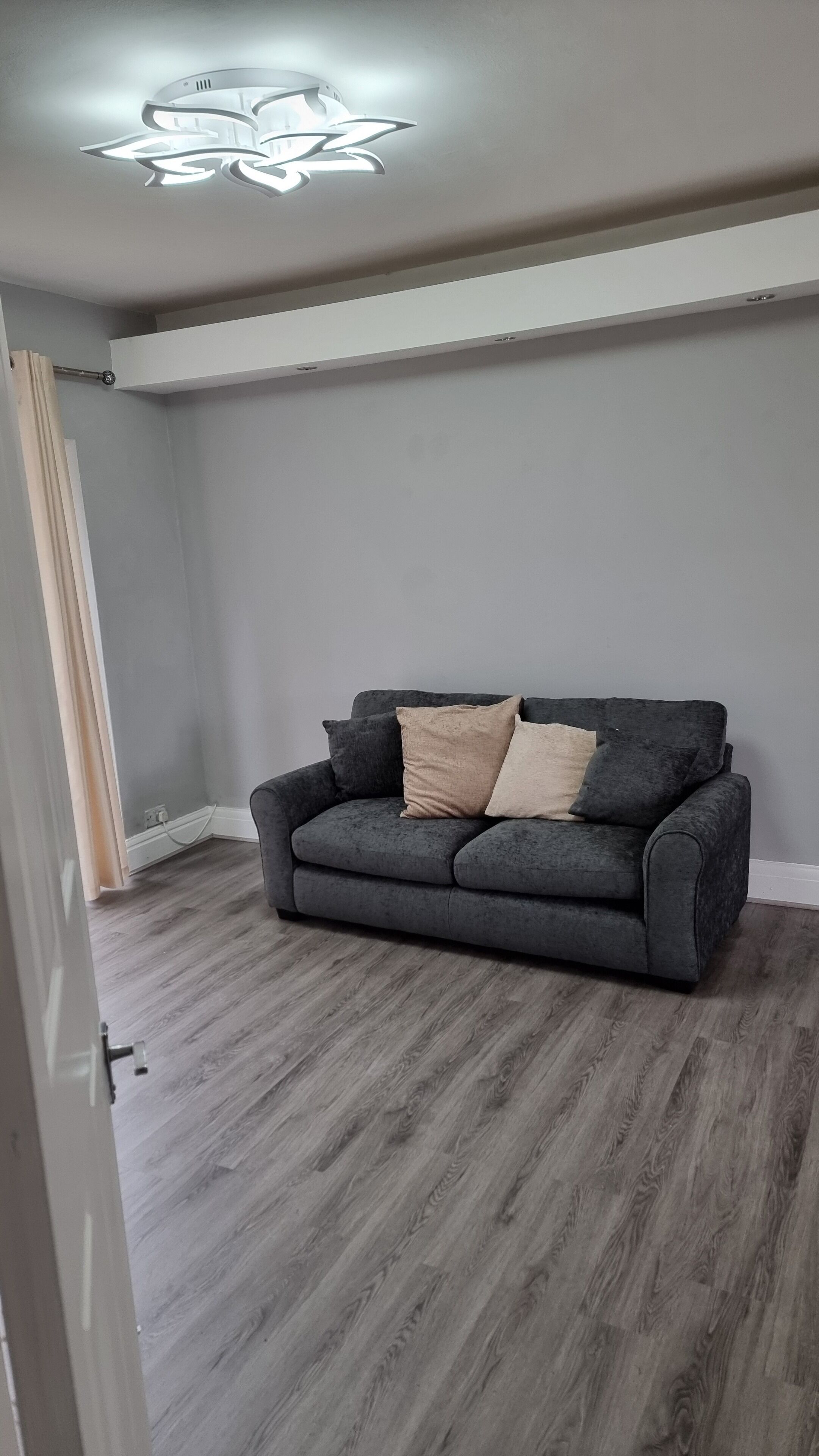 Une pièce avec un canapé gris, un plancher en bois et un luminaire au plafond.