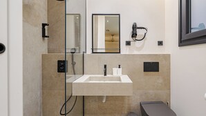 A modern bathroom with a glass-enclosed shower, a sink with a mirror, and a toilet.