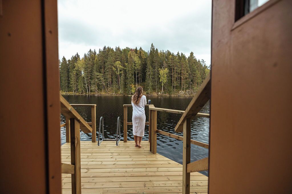 A wooden dock leading to a calm lake with a forest in the background.