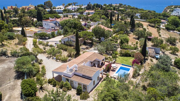 Vista aérea de una zona residencial con casas, árboles y una piscina.