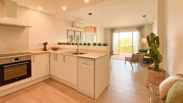 A modern kitchen with a central island, a dining area with a cactus plant, and a view of the outdoors. - Apartamento Miramar (Denia)