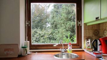 Coffee/tea maker, fridge, microwave, oven