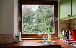 Une cuisine avec une fenêtre, un évier et un plan de travail.