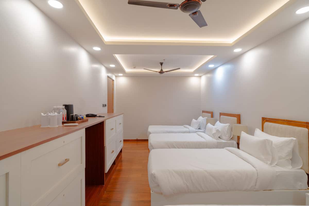 Memory-foam beds, blackout curtains, soundproofing, iron/ironing board