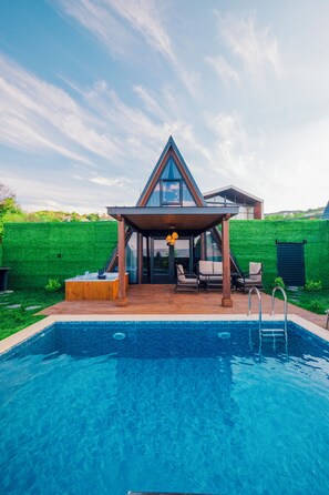 A modern house with a swimming pool, a covered patio with seating, and a green wall. - Majesty Sapanca (Sapanca)