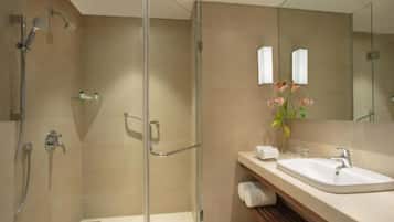 Shower, rainfall showerhead, towels, soap