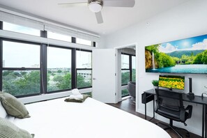 1 bedroom, desk, iron/ironing board, travel cot