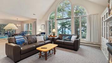 Smart TV, fireplace, books, stereo