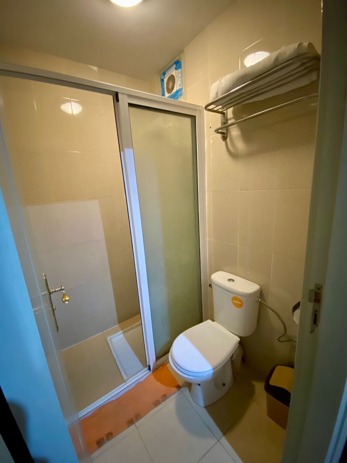 Een badkamer met een glazen douchecabine, toilet en handdoekrek.