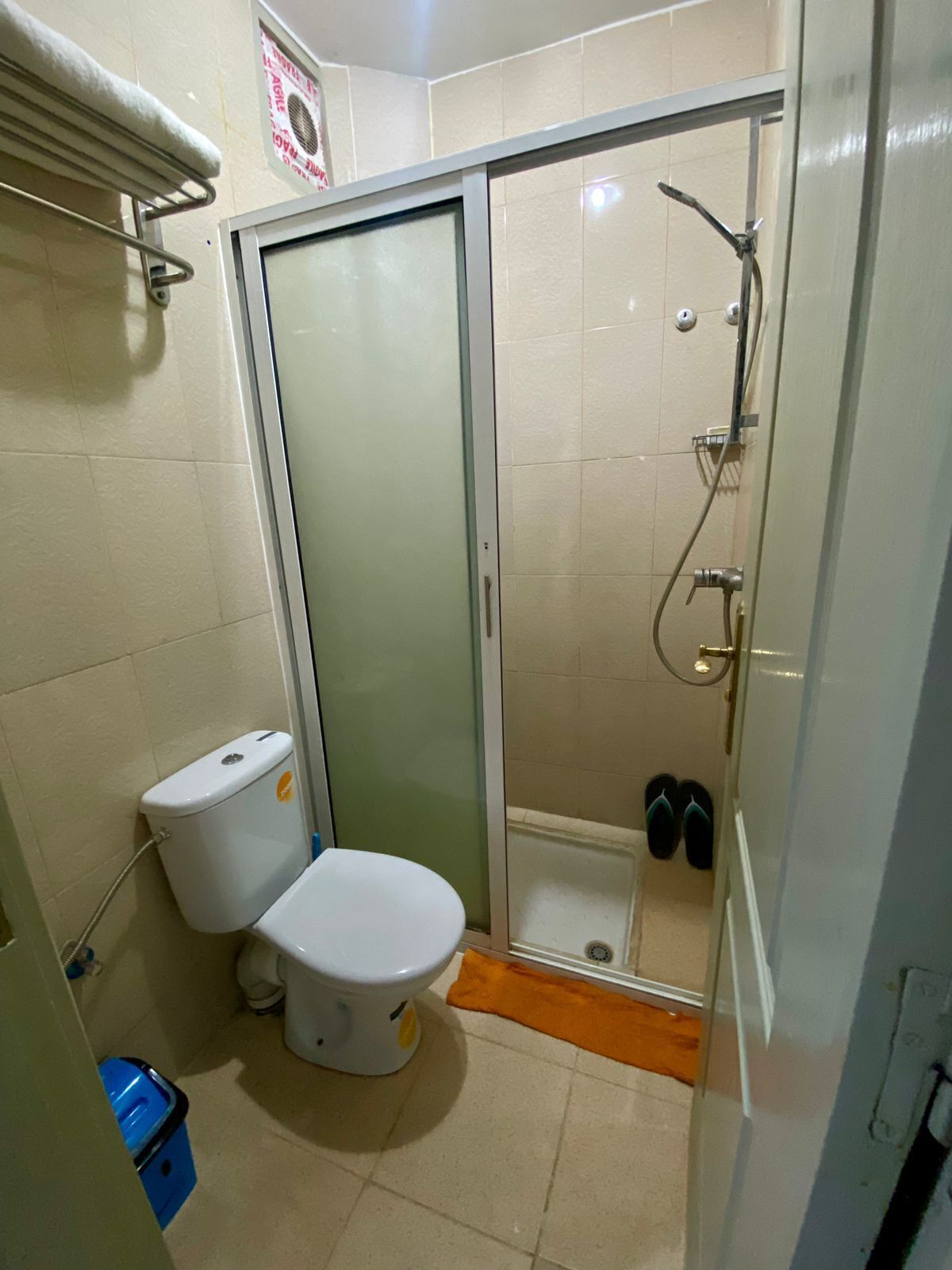 A small bathroom with a toilet, a shower, and a glass door.