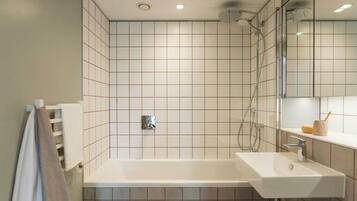 Shower, towels, toilet paper