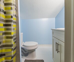 Douche, séchoir à cheveux, serviettes fournies, shampooing