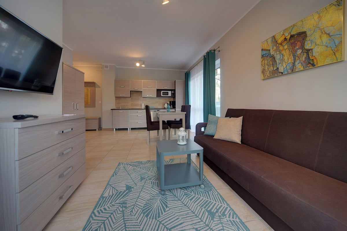 A modern living room with a brown sofa, a TV mounted on the wall, a kitchen in the background, and a patterned rug on the floor.