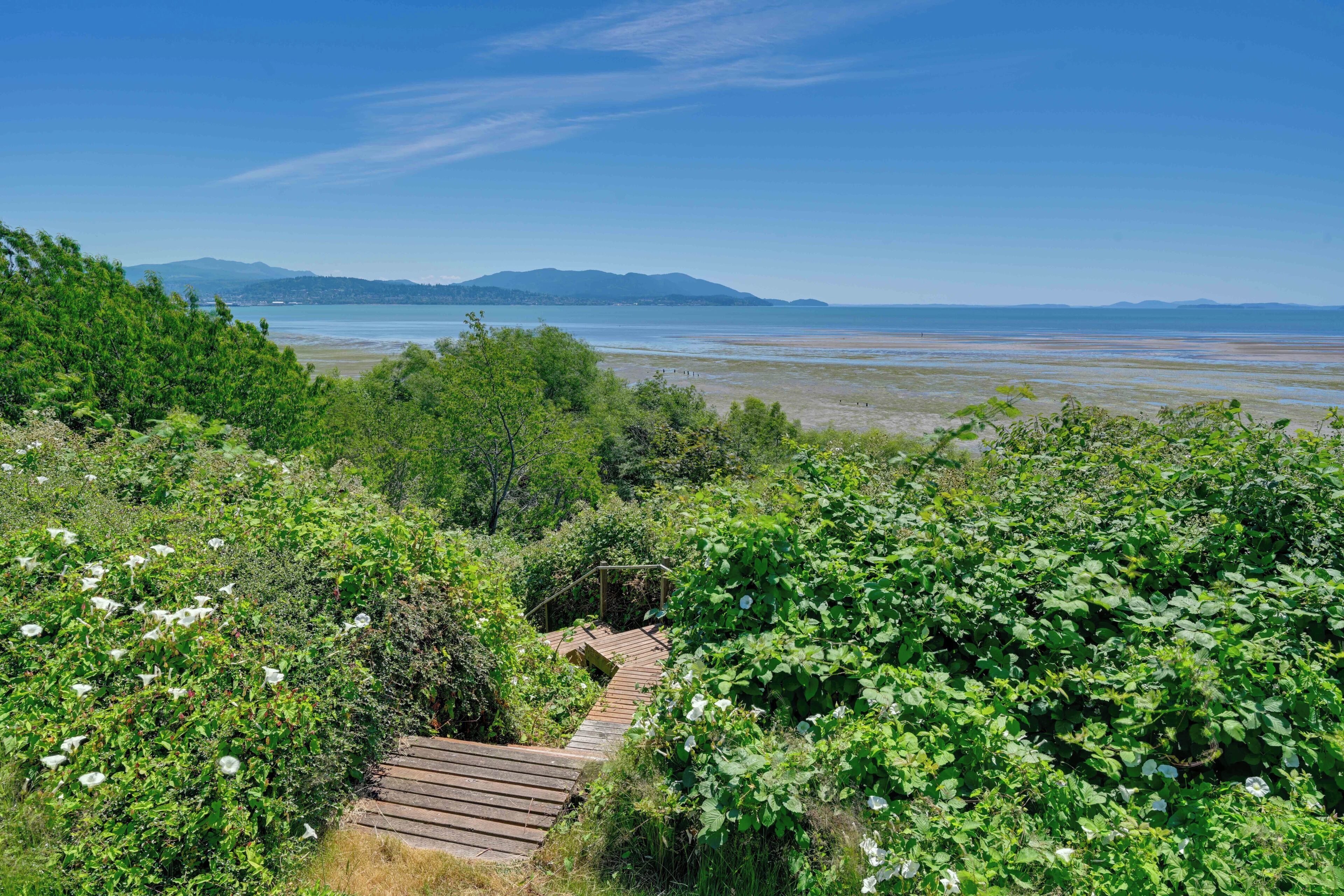 A wooden pathway leading to a beach with a clear view of the ocean and distant mountains.