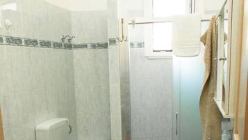 Shower, hair dryer, bidet, towels