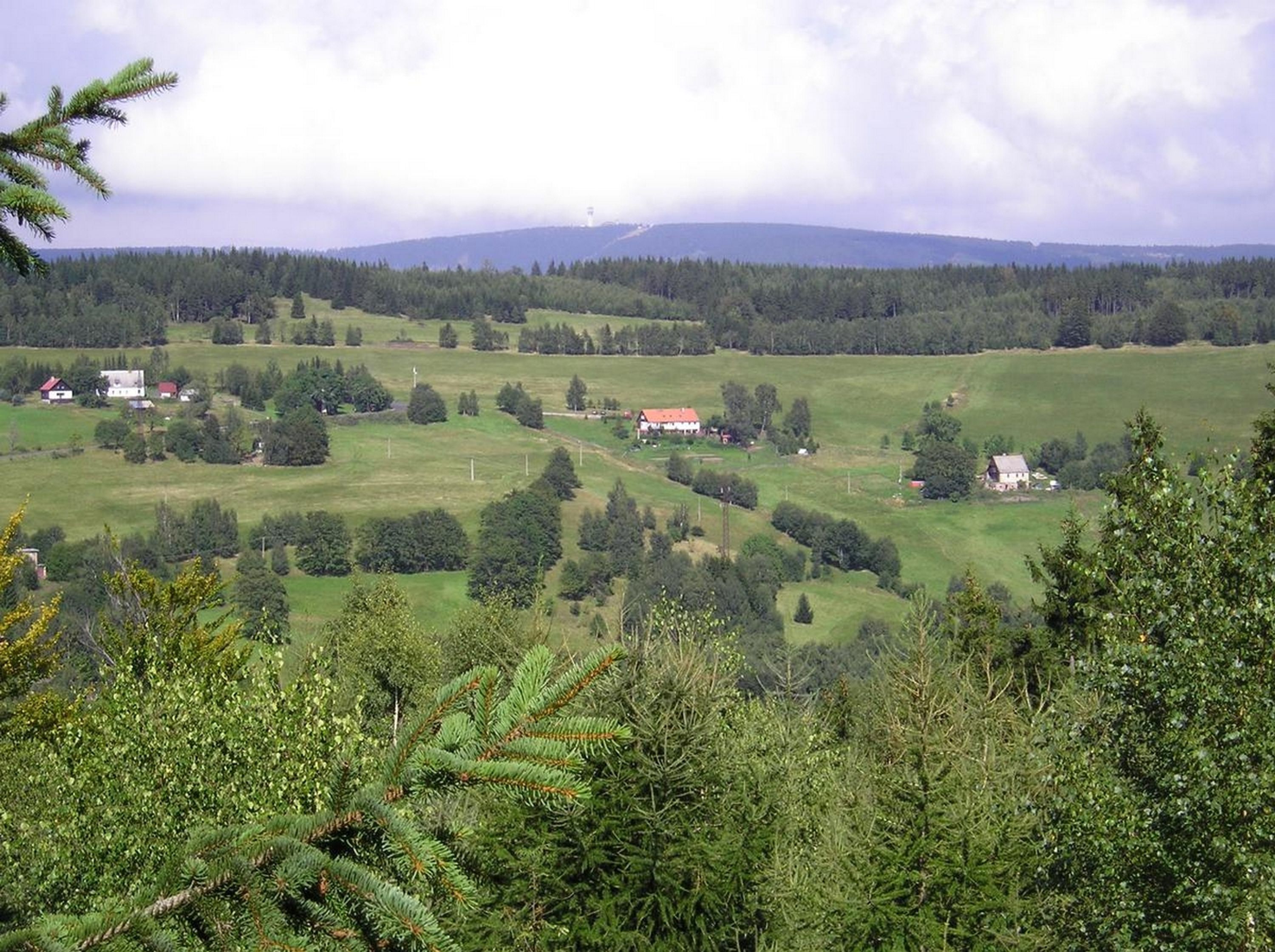A rural landscape with scattered houses, dense forests, and a mountain in the background.