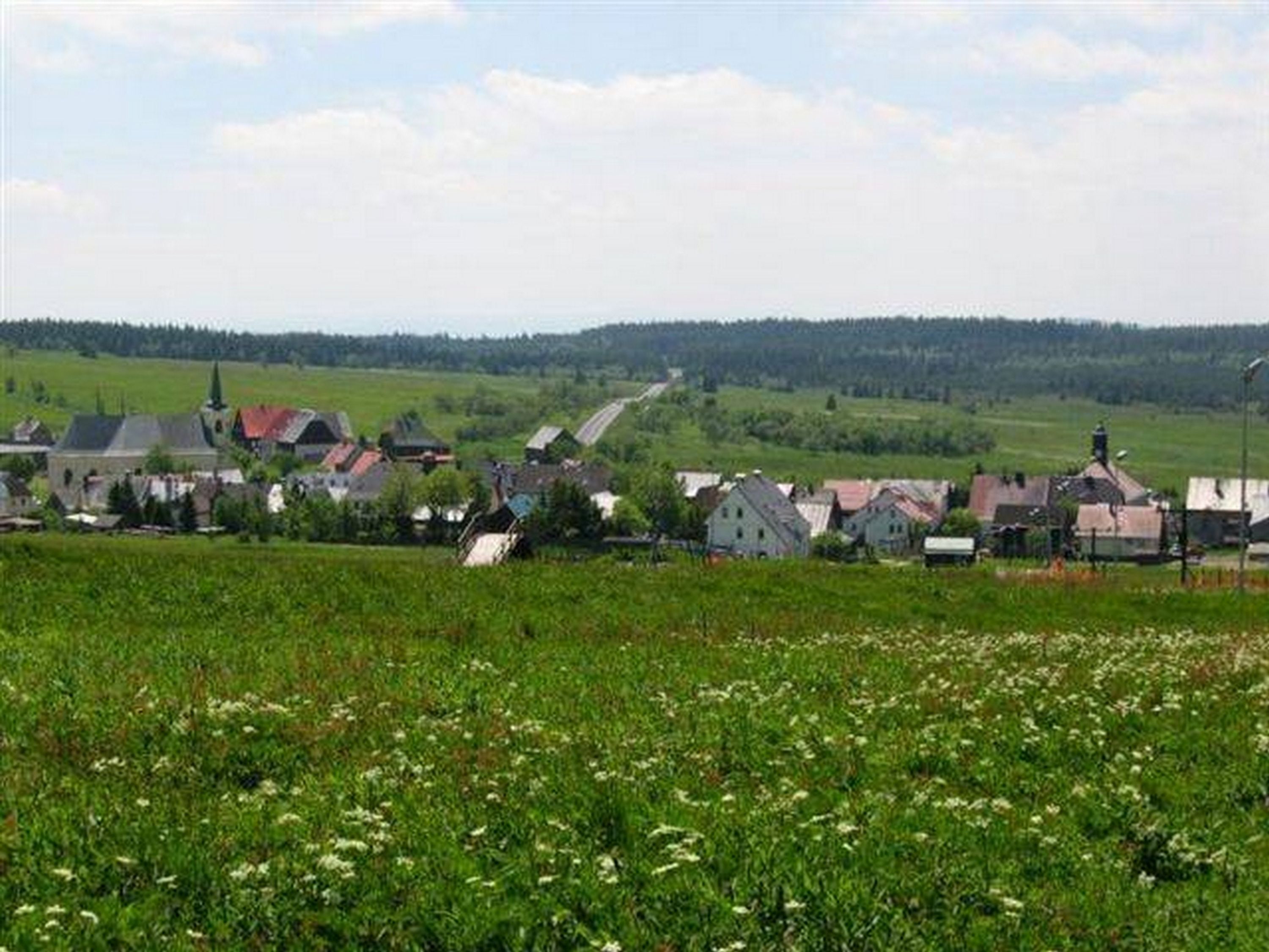 Un village rural avec des maisons et une église, entouré de champs verdoyants et d’une forêt en arrière-plan.