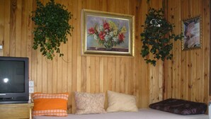 A wooden-paneled room with a bed, a television, and two framed pictures on the wall. - Apartment Pavla With 3 Bedrooms and 1 Bathrooms (Jachymov)