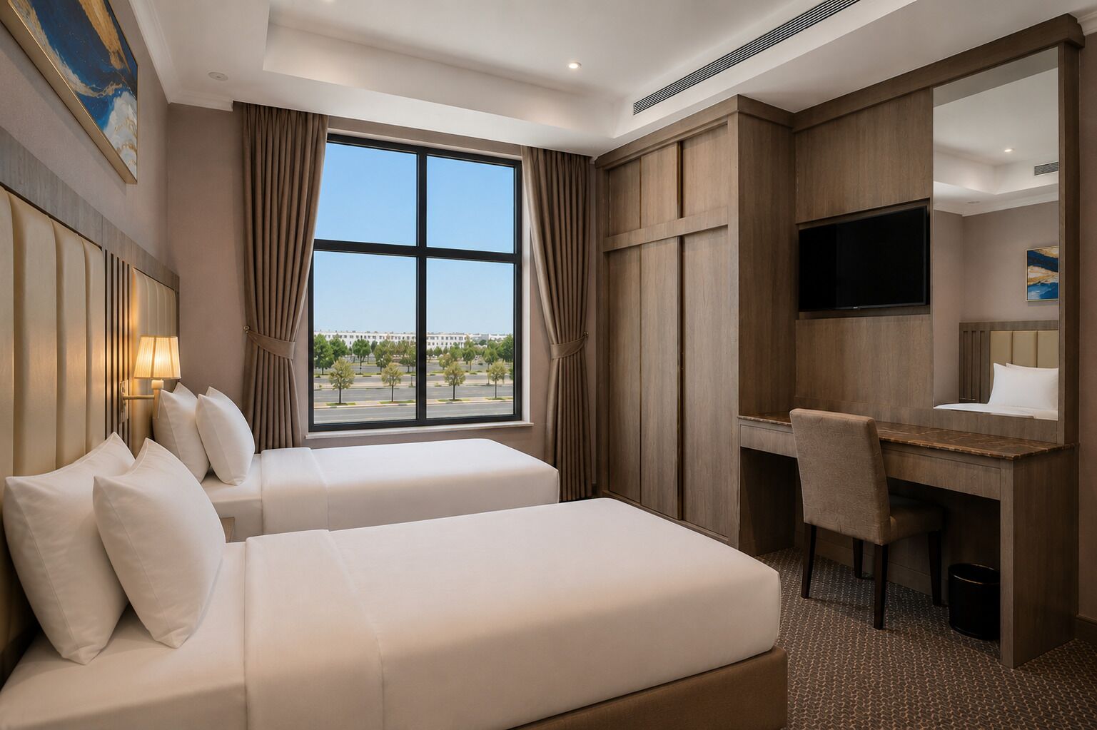 Apartment, 2 Bedrooms | Peralatan tempat tidur premium, bar mini, ruang kerja komputer riba 