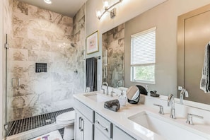 Shower, hair dryer, shampoo
