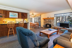 TV, fireplace - Horizons 4 | Pool & Hot Tub Access! (Mammoth Lakes)