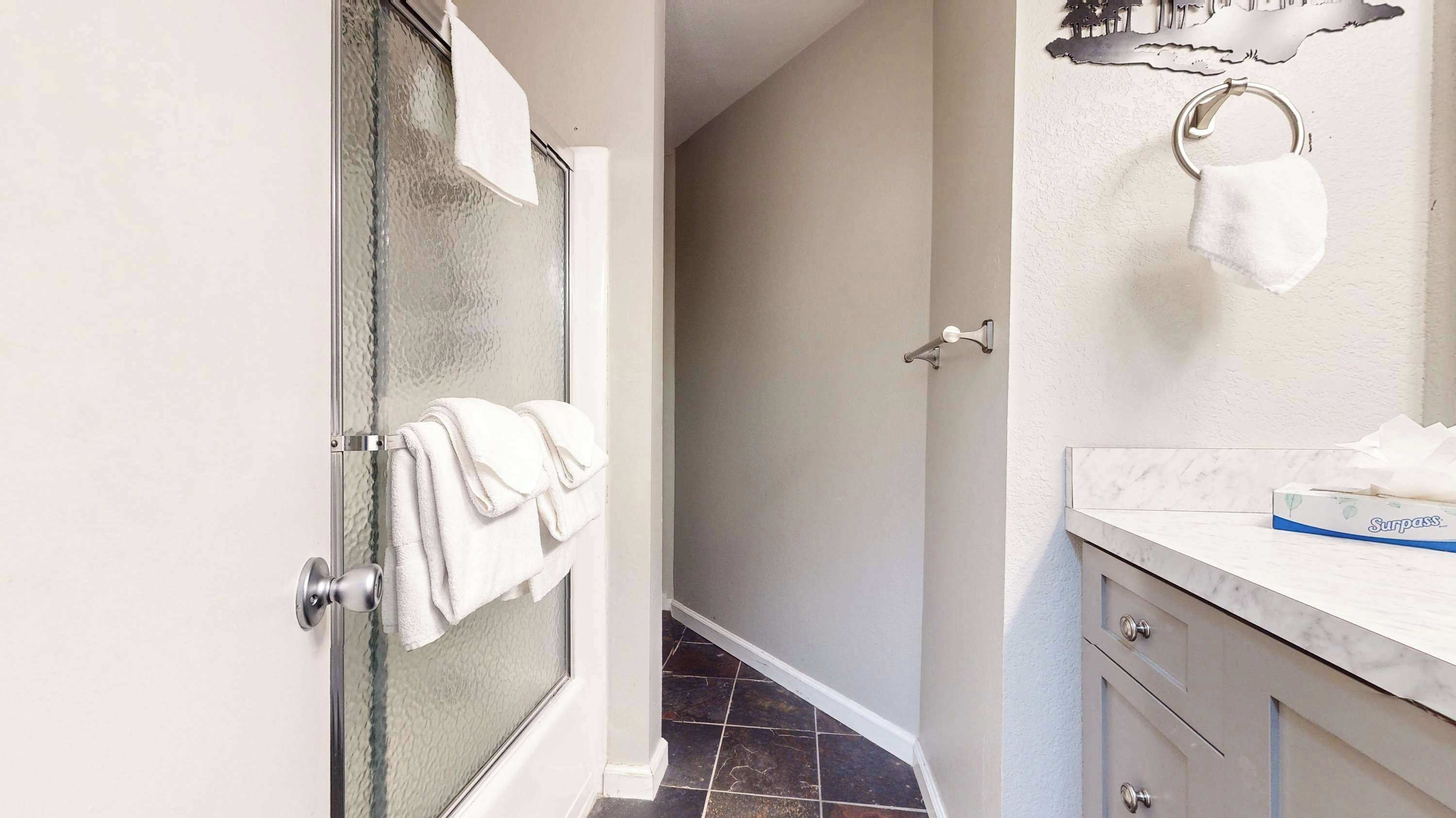 A bathroom with a glass shower door, a white towel rack, a marble countertop, and a Surpass tissue box.