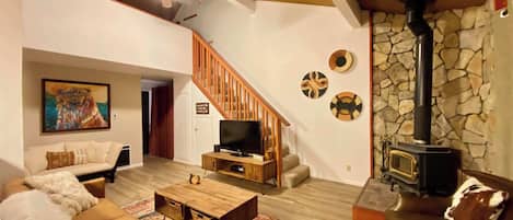 Televisión, chimenea y reproductor de DVD