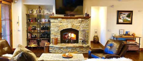 TV, fireplace, video games, DVD player
