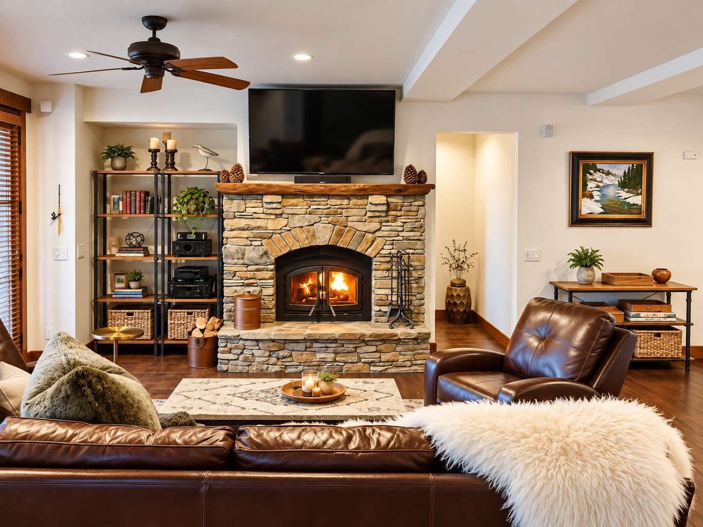 A living room with a stone fireplace, leather sofa, and a television mounted on the wall.