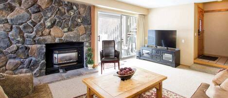 Televisión, chimenea y reproductor de DVD