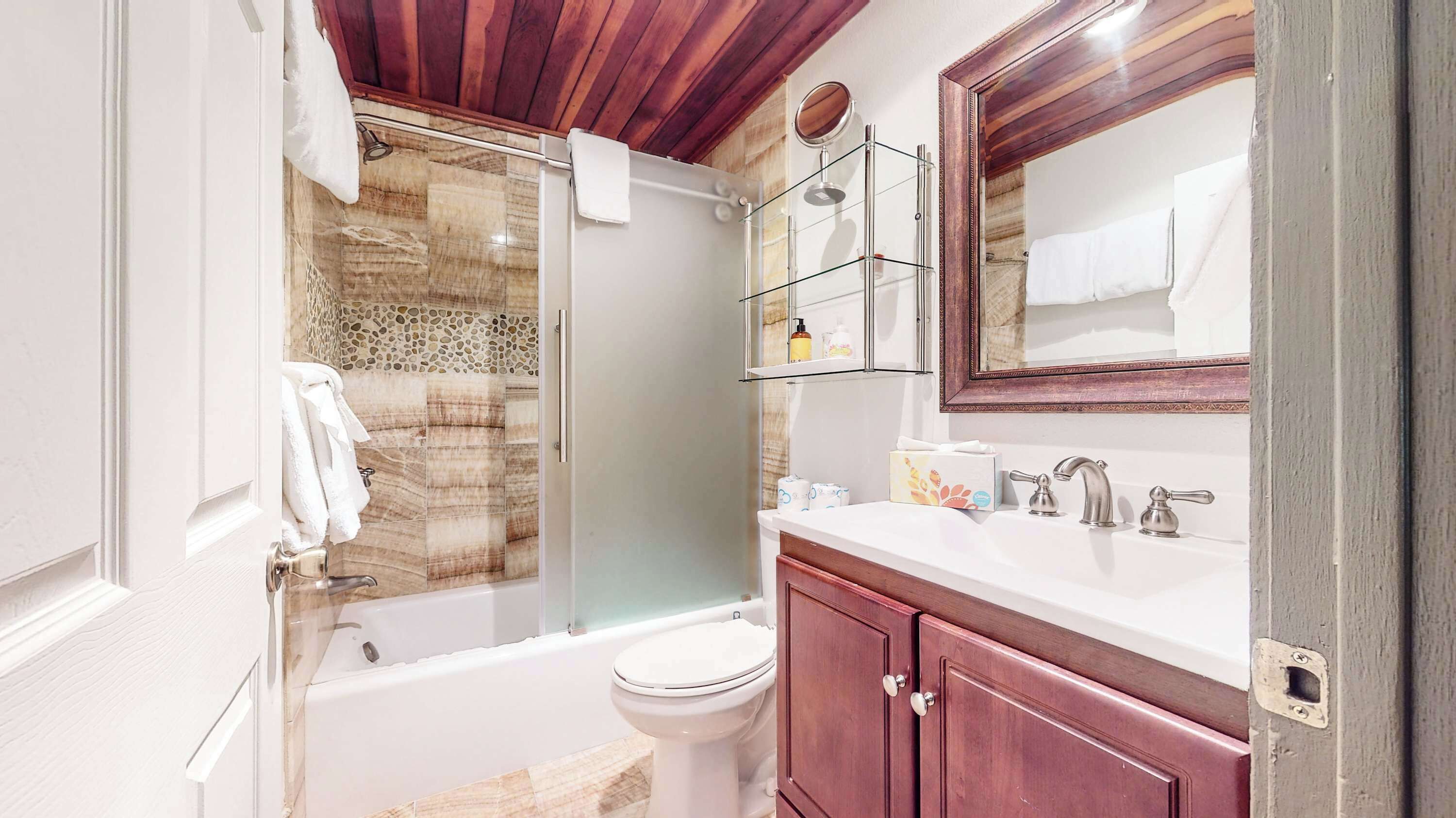 Shower, hair dryer, shampoo
