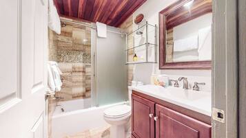 Shower, hair dryer, shampoo