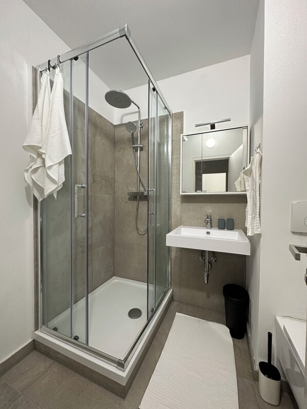 Douche, séchoir à cheveux, serviettes fournies, savon