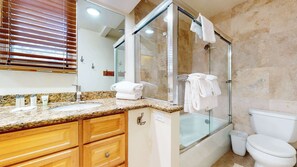 Shower, hair dryer, shampoo