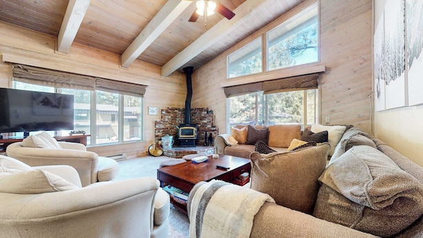 A cozy living room with a fireplace, large windows, and a television.