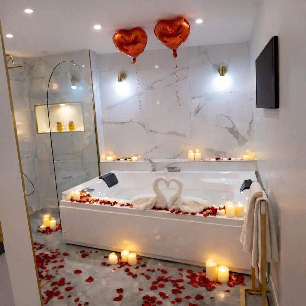 Une salle de bain moderne avec un mur en marbre, une baignoire décorée de pétales de rose et de bougies, et des ballons en forme de cœur.