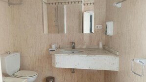 A bathroom with a toilet, sink, mirror, and shower. - HOTEL LAUAXETA MUNGUIA (Mungia)
