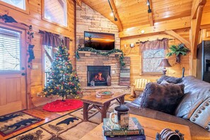 Télévision, cheminée, baby-foot, livres