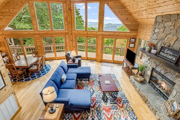 Smart TV, fireplace, books